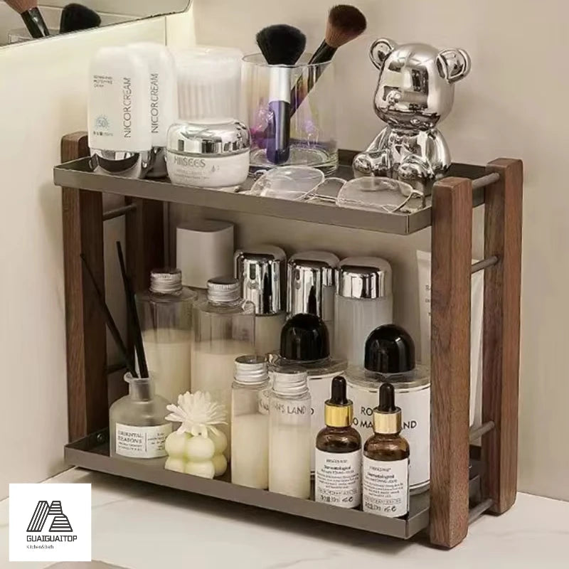 Bathroom vanity dressing skin care cosmetics wooden storage box desktop shelf washstand，wood KitchenTwo-layer Storage Rack