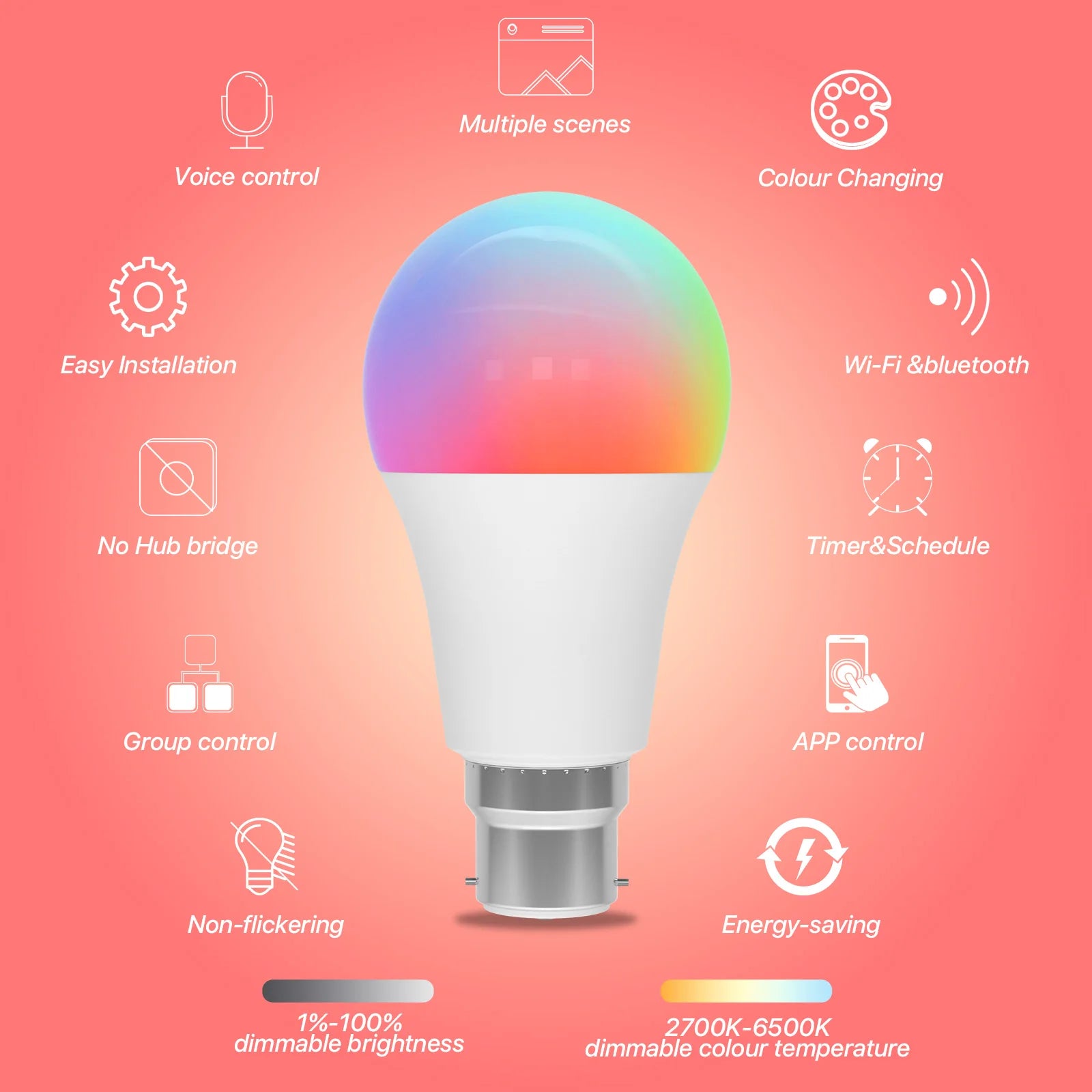 2pcs Smart Light Bulb B22 Bayonet 220V Colour Changing Light Compatible with Echo Alexa Google Home 9W RGBCW Bluetooth WiFi