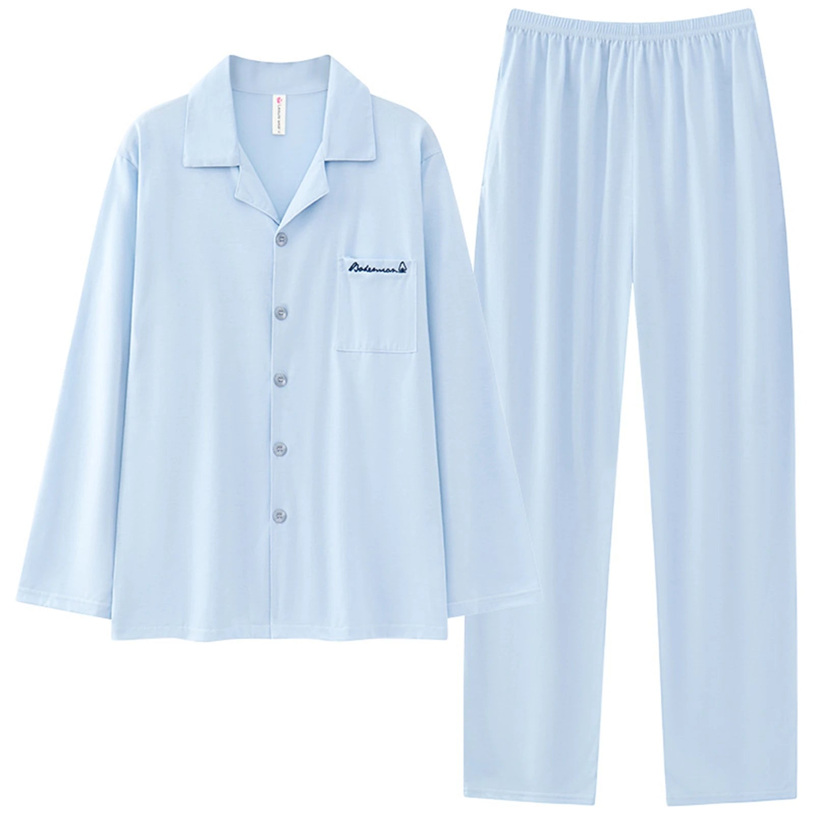 Classic Black Mens Pajamas Spring Autumn Cotton Pyjamas Collared Neck with Notched Lapels Long Sleeves Button Placket Sleepwear