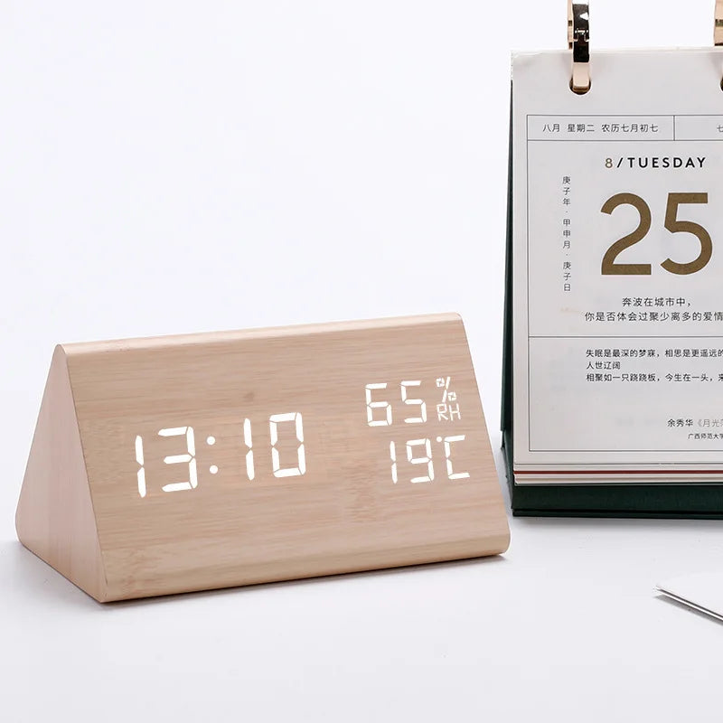 Wooden Triangle LED Desktop Digital Clock Thermometer Alarm Clock Electronic Tabletop Timepiece Home Decorative Item