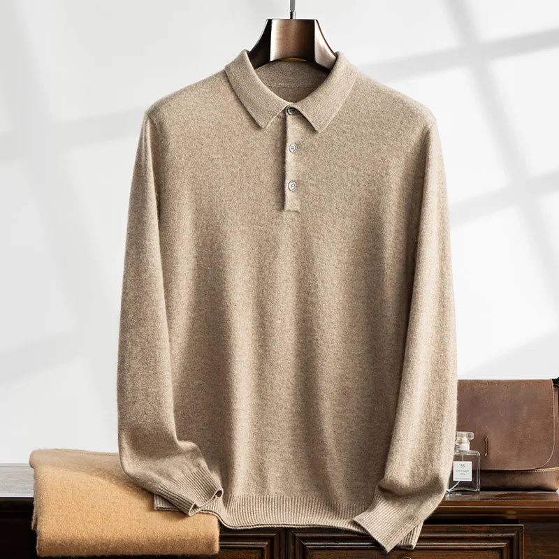 100% Cashmere Sweater Men's Knitted POLO Collar Pullover Casual High Waisted Knitted Straight Leg Pants Winter Warm Menswear