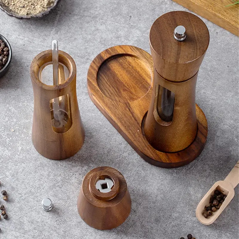 8inch Pagoda Acrylic Pepper Mill Sets With Base,Manual Wooden Salt and Pepper Grinder With Ceramic Core Spice Shaker Tools Sets