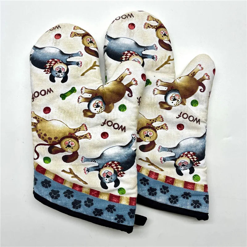 2Pcs 17x33cm Cotton Vintage Printed Oven Mitts Baking Gloves Pad Microwave Insulation Kitchen Tool Party Gift