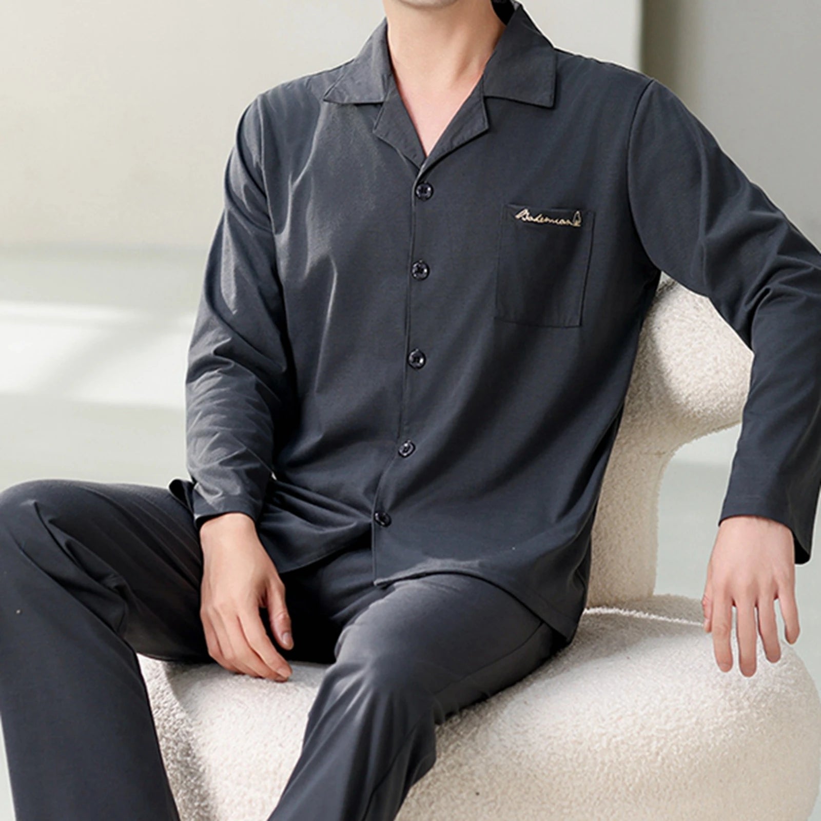 Classic Black Mens Pajamas Spring Autumn Cotton Pyjamas Collared Neck with Notched Lapels Long Sleeves Button Placket Sleepwear