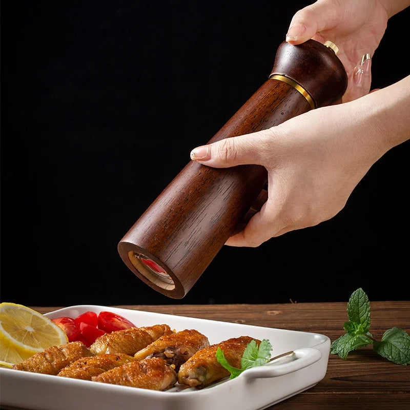 Oak Wooden Salt Pepper Mill with Base Set,Antique Western Style Pepper Grinding Tool,Ceramic Core,Salt Spice Shaker,8Inch, 5Inch