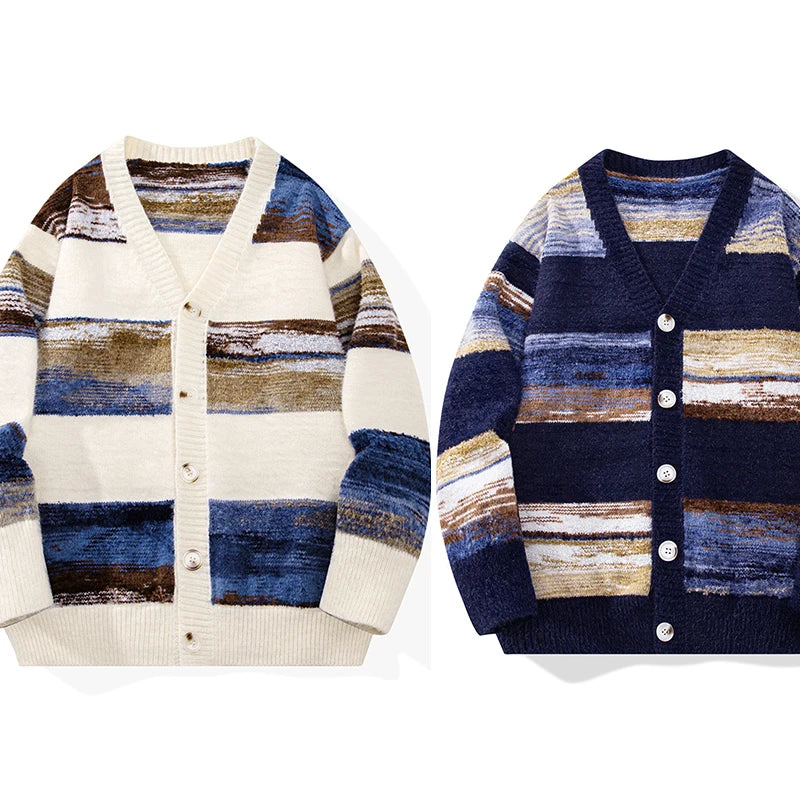 Retro Lazy Striped Cardigan Sweater Coat Men and Women Trend Loose Couple Sweater Coat Warm Casual Daily Warm Comfortable