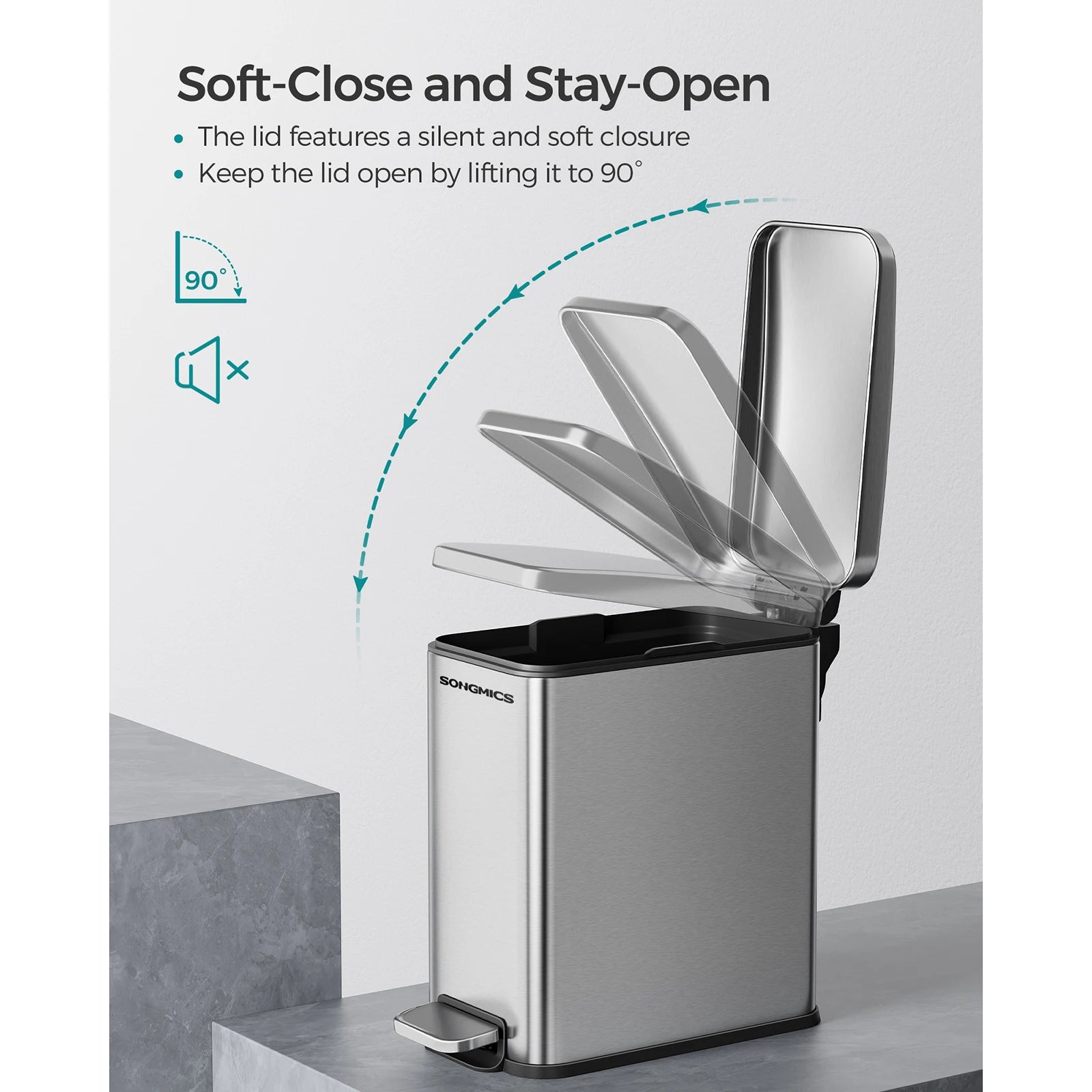 SONGMICS Bathroom Bin, 10L Small Bin with Lid, Pedal Toilet Bin, Slim for Small Spaces, Steel, Soft Close