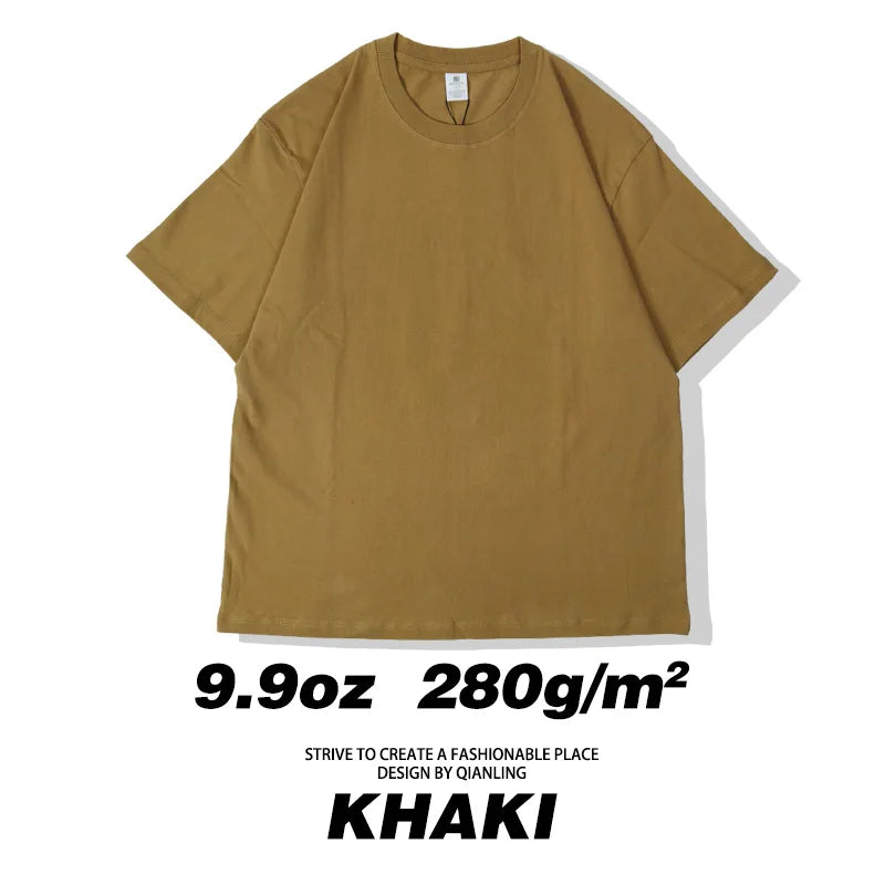 280GSM New Summer 100%Cotton T Shirts Men Casual Short Sleeve Cotton Crew Neck Soft Plain T-Shirt Men's Loose Fit Tee Shirt Tops