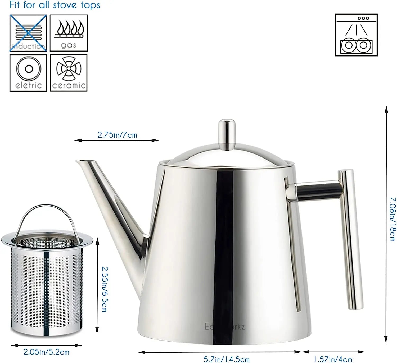 Easyworkz Stainless Steel Double Wall  Tea Pot with Removable Tea Infuser, Perfect for Brewing Your Favorite Tea, Chrome