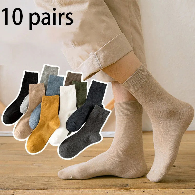 10 Pairs Men's Autumn Winter Socks Solid Color Cotton Durable Thick Fashion Mid Tube Sock Funny Soft High Elastic Sock Wholesale