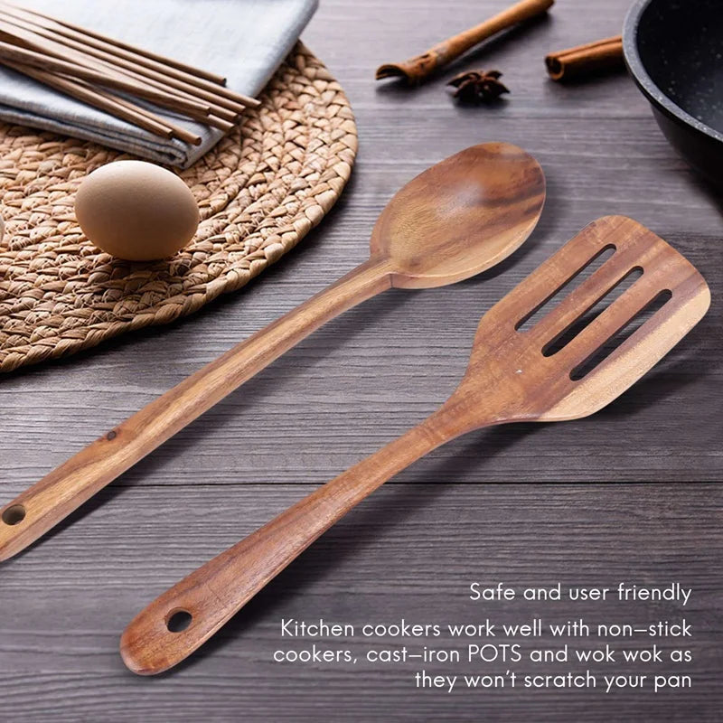 Healthy Cooking Utensils Set Wooden Cooking Tools Natural Nonstick Hard Wood Spatula And Spoons - Durable Eco-Friendly And Safe