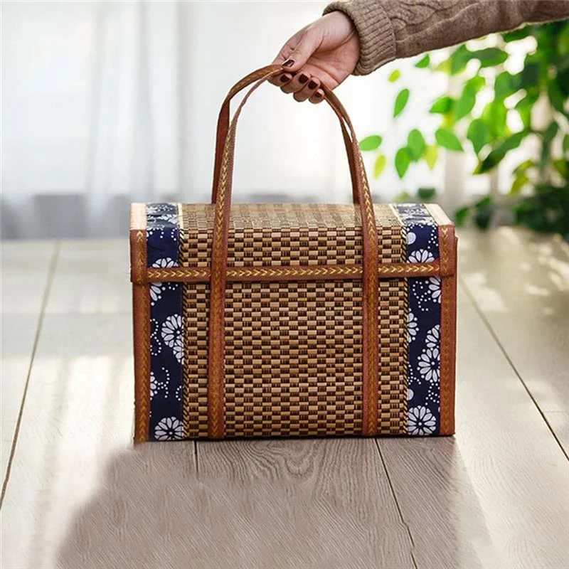Picnic Woven Basket Wicker Storage Bag Handle Folded Fruit Shopping Food Handle Rattan Grass Foldable Bamboo Basket