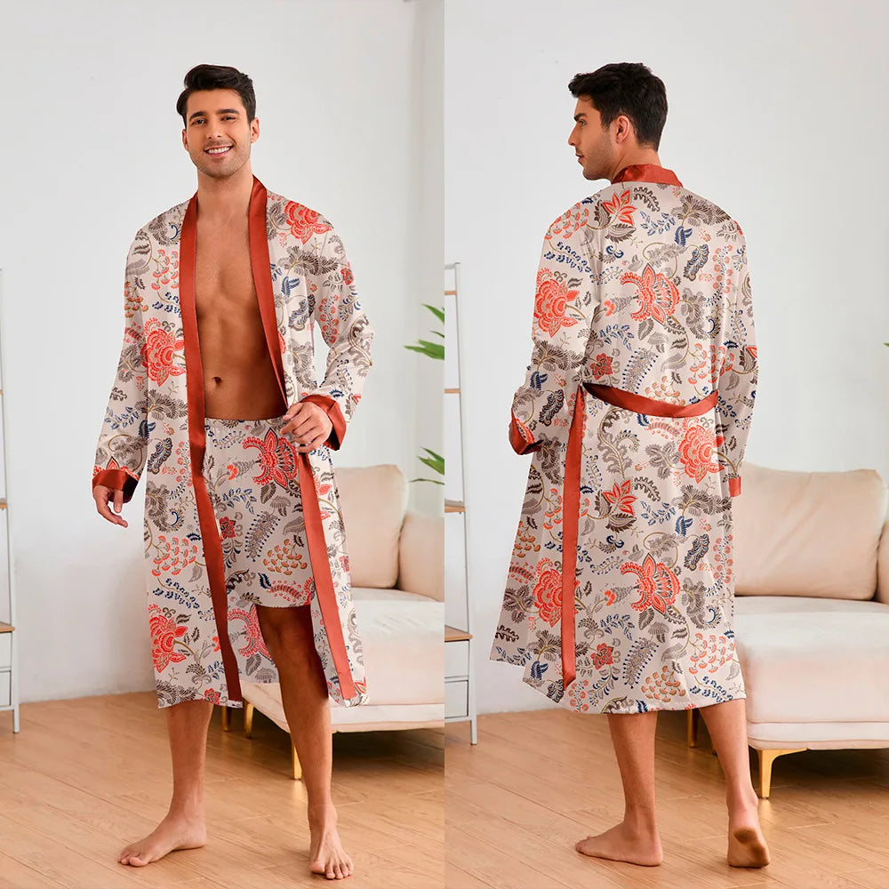 Fashion Design Pajamas Suit Men New Paisley Printed Nightgowns Long-sleeved Shorts Bathrobe Male Soft Ice silk Satin Nightwear