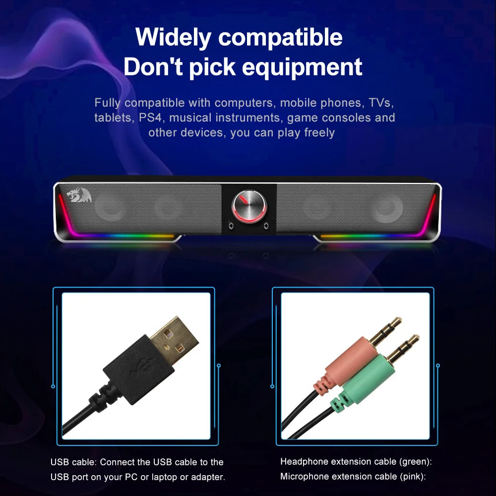REDRAGON GS570 Darknets Support Bluetooth Wireless aux 3.5 surround RGB speakers column sound bar for computer PC loudspeakers