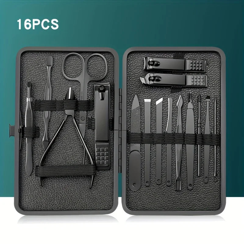 Stainless Steel 7/10/16/18pcs Black Manicure kit Pedicure Set Scissors Nail Clipper Grooming Tool Kit with Travel Case