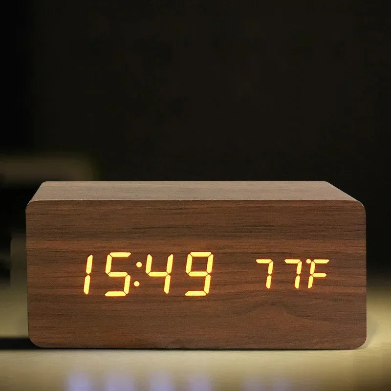 Wood-grain Electronic Desktop Clock Alarm Clock Living Room Retro Digital Log Smart Desk Clock