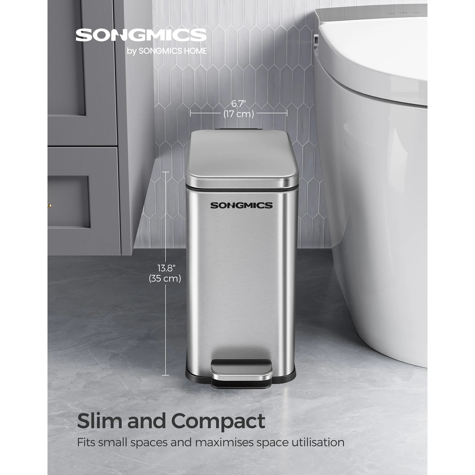 SONGMICS Bathroom Bin, 10L Small Bin with Lid, Pedal Toilet Bin, Slim for Small Spaces, Steel, Soft Close