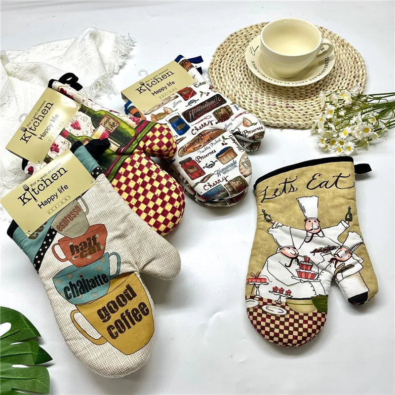 2Pcs 17x33cm Cotton Vintage Printed Oven Mitts Baking Gloves Pad Microwave Insulation Kitchen Tool Party Gift