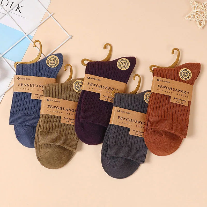 5 Pairs High Quality Autumn And Winter Men Cotton Socks Sweat Absorbing Odor-proof And Wear Resistant Solid Color Business Socks