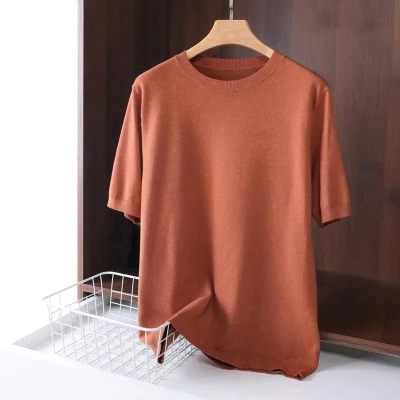 Men's  Superfine Merino Wool T Shirt Knitted O-neck Breathable Thin Cashmer Short Sleeve Tee Solid Color Knitting  Jumpers Tops