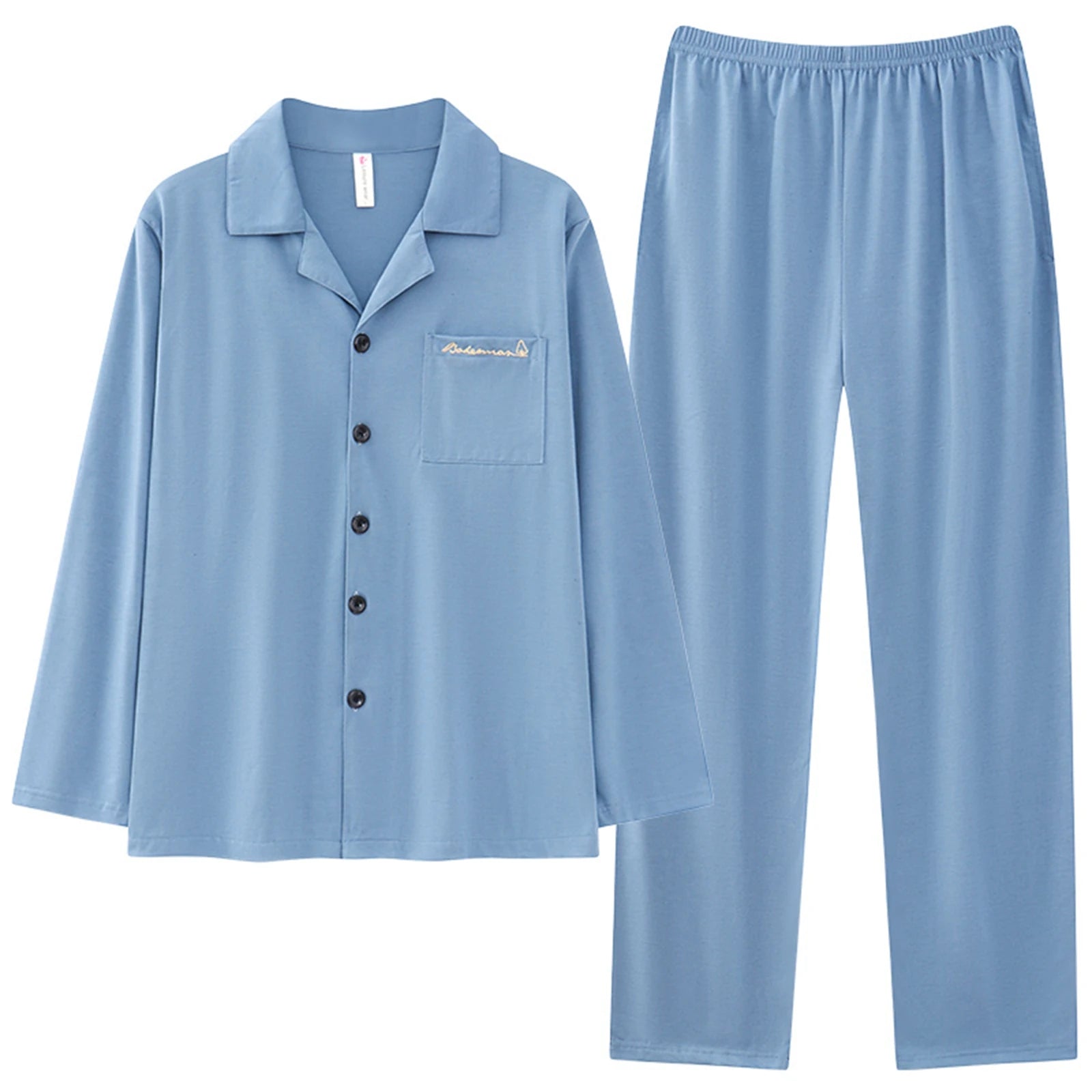 Classic Black Mens Pajamas Spring Autumn Cotton Pyjamas Collared Neck with Notched Lapels Long Sleeves Button Placket Sleepwear