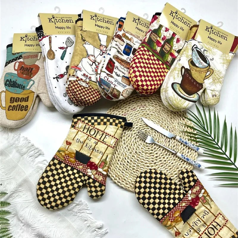 2Pcs 17x33cm Cotton Vintage Printed Oven Mitts Baking Gloves Pad Microwave Insulation Kitchen Tool Party Gift