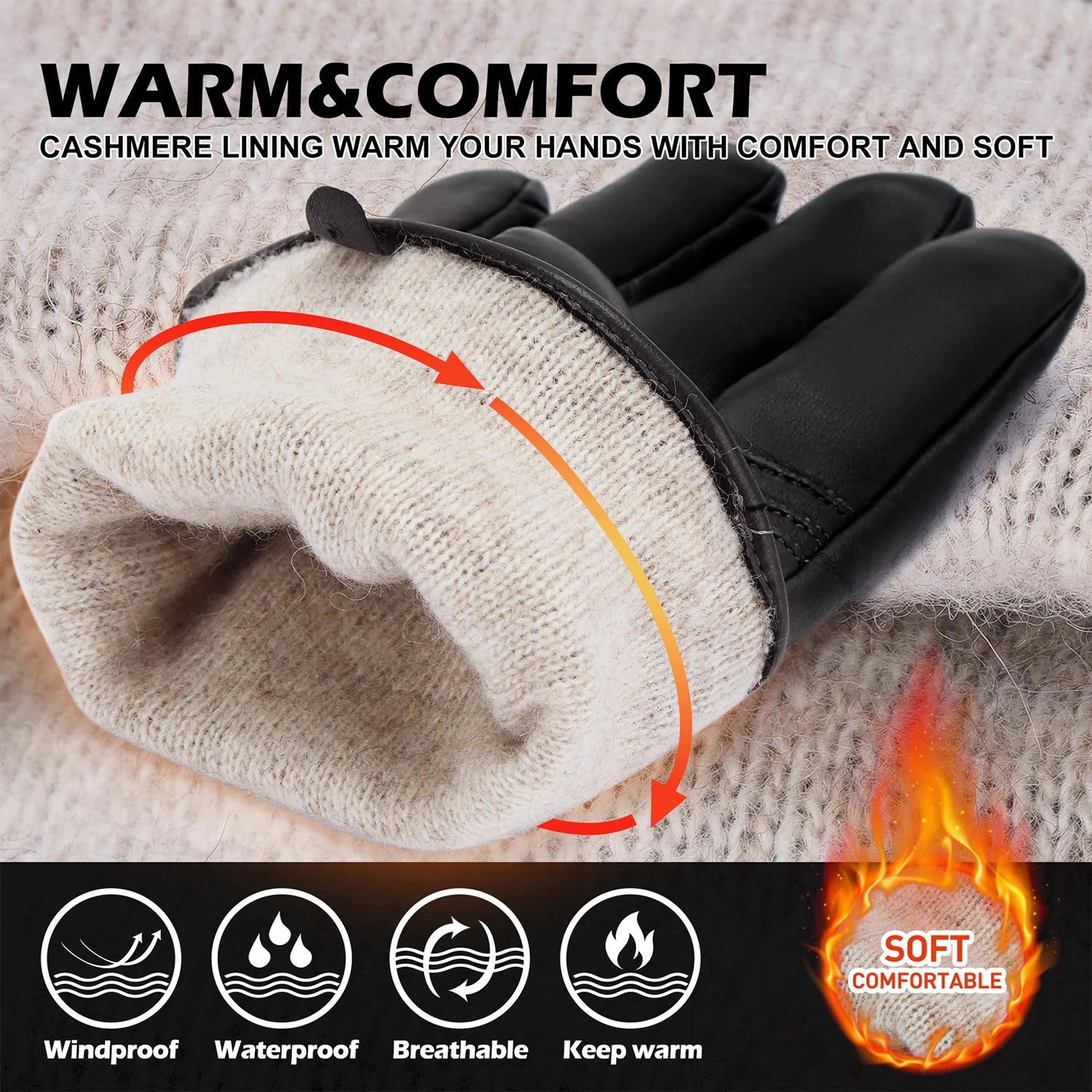 BISON DENIM Sheepskin Leather Gloves for Men Winter Warm Cashmere Lined Touchscreen Sport Gloves for Running Cycling Ski Driving