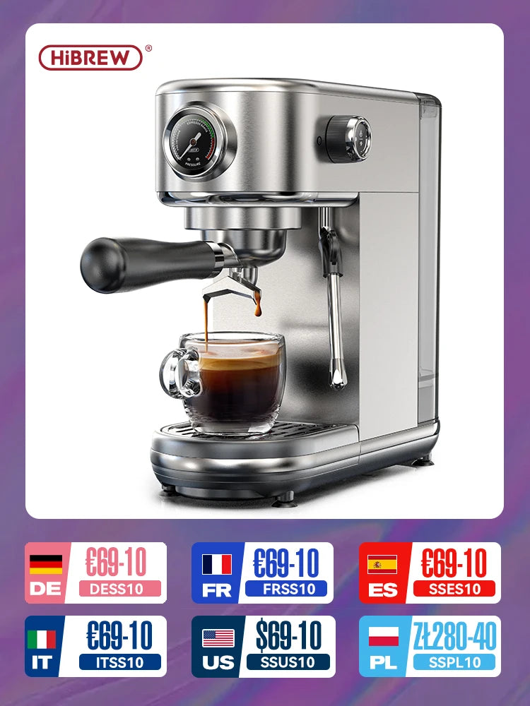 HiBREW 20Bar Semi Automatic Espresso Coffee Machine Temperature Adjustable Cold/Hot Super Slim Coffee Maker Cappuccino H10B