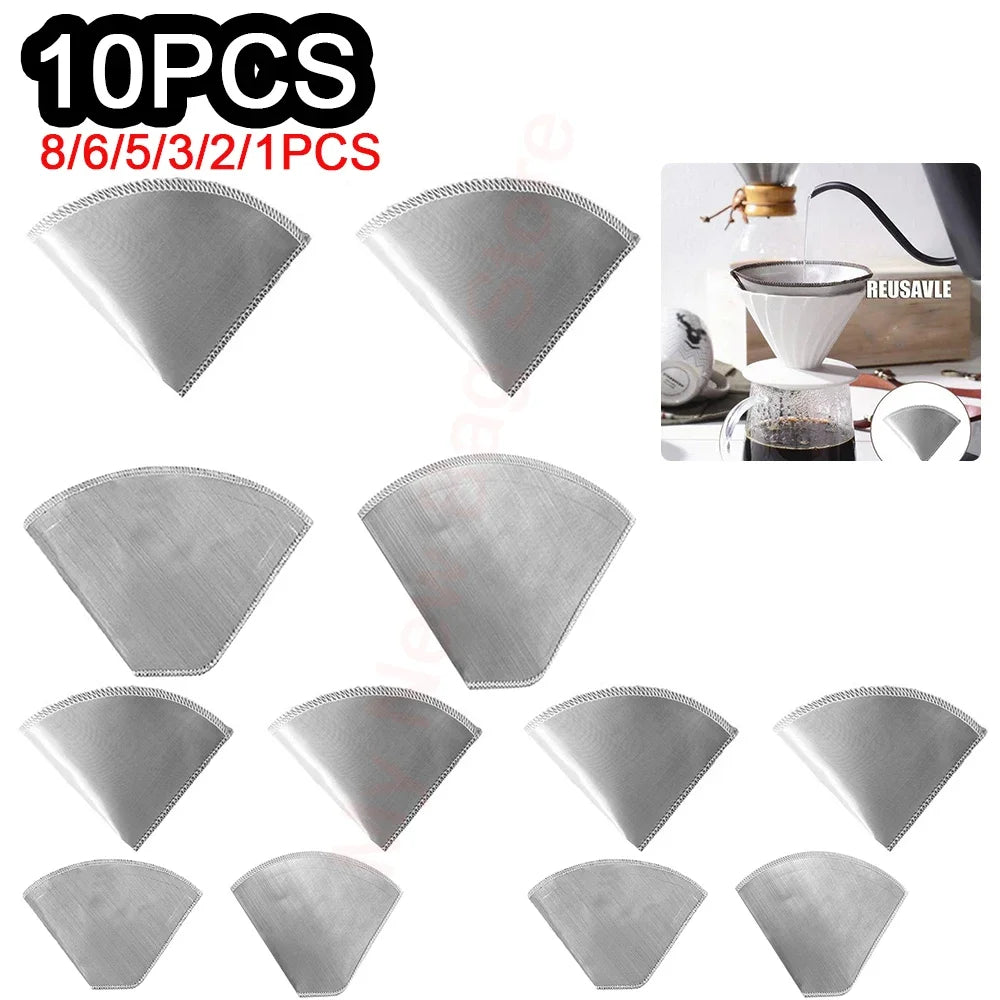 1-10PCS Reusable Pour Over Coffee Filter Mesh Stainless Steel Paperless Coffee Filter Easy Clean Cone Filter Coffee Drip Filter