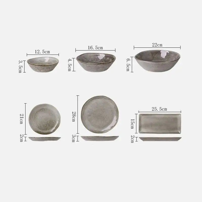 Japanese Ceramic Dinner Plate Rice Bowl Food Tray  Retro Gray Tableware Porcelain Fruit Salad Sushi Serving Plate Dinnerware