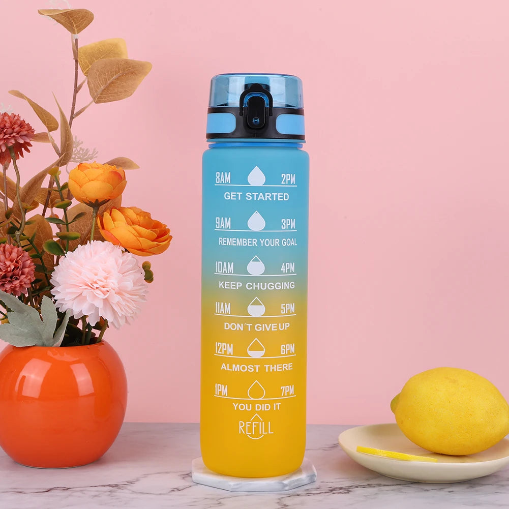 1000ml Frosted Gradient Cup with Handle Sport Water Bottle Large Capacity Time Scale Water Cup for Fitness Yoga