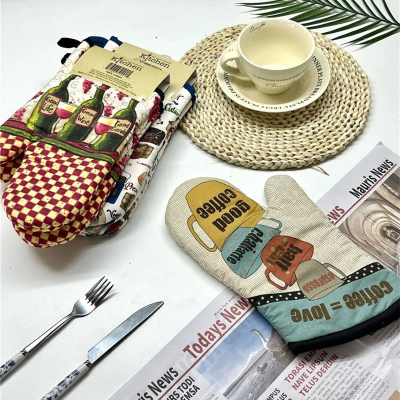 2Pcs 17x33cm Cotton Vintage Printed Oven Mitts Baking Gloves Pad Microwave Insulation Kitchen Tool Party Gift