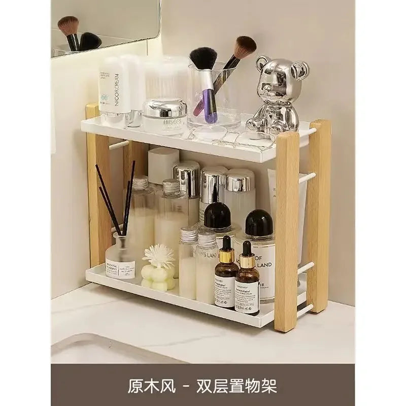 Bathroom vanity dressing skin care cosmetics wooden storage box desktop shelf washstand，wood KitchenTwo-layer Storage Rack