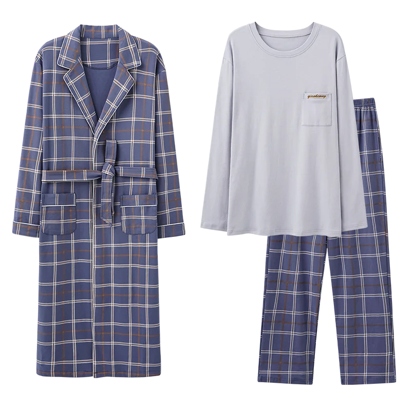 Cotton Pajama Set for Men with Long Sleeve Nightgown and Bathrobe for Home and Outdoor Wear