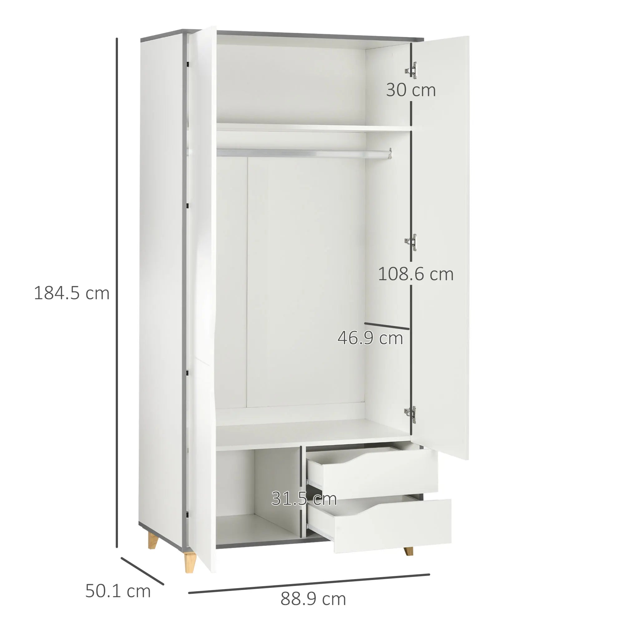 HOMCOM 2 Door Wardrobe with Drawers, Hanging Rail, Shelves for Bedroom, White