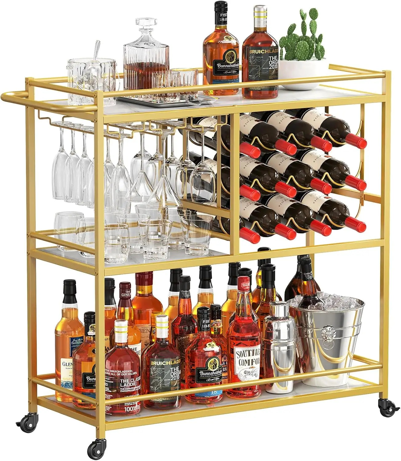 Drink Trolley, 3 Tier Bar Cart with Lockable Wheels, 12 Wine Rack and 3 Rows Glass Holders, Serving Alcohol Trolley, Wine Rack