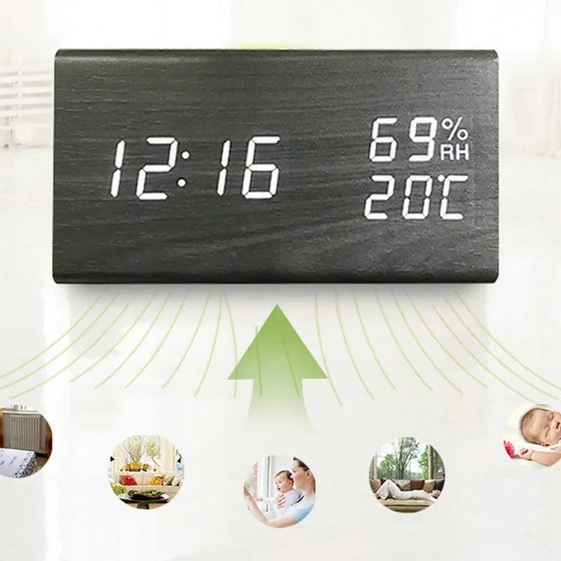 Wooden Triangle LED Desktop Digital Clock Thermometer Alarm Clock Electronic Tabletop Timepiece Home Decorative Item