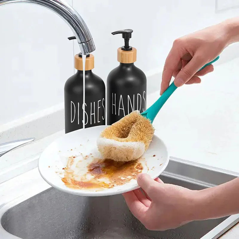500ml Hand Dish Soap Dispenser Set With Bamboo Tray Refillable Plastic Bottle Shampoo Shower Gel Lotion Liquid Empty Container