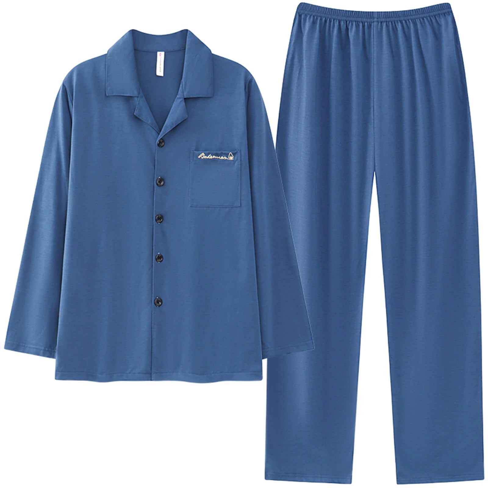 Classic Black Mens Pajamas Spring Autumn Cotton Pyjamas Collared Neck with Notched Lapels Long Sleeves Button Placket Sleepwear