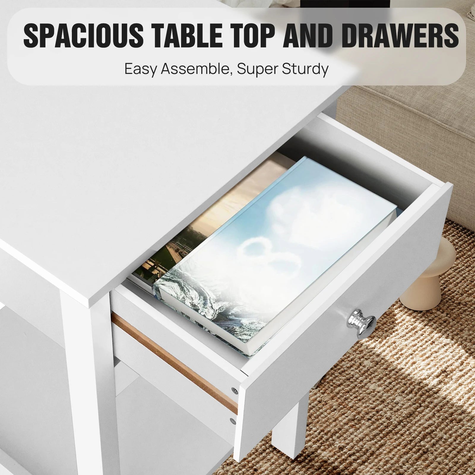 White Bedside Table Wooden Side Table Sofa Side Table Bedroom Nightstand,Bedside Cabinet with Drawer & Storage Shelf