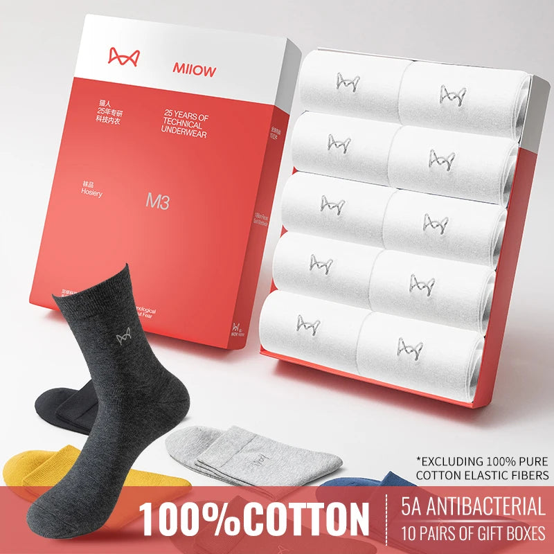 MiiOW 100% Pure Cotton Socks Men Business Dress Long Sock Antibacterial Anti Odor Crew Socks Solid Color Breathable Sport Sock