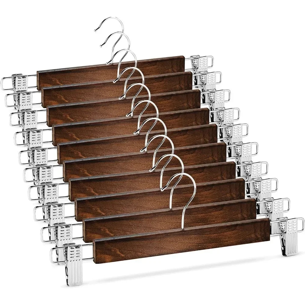 High-Grade Wooden Pants Hangers with Metal Clips Grip Clip Pants Hanger Solid Wood Jeans/Skirt Hanger 360° Swivel Hook