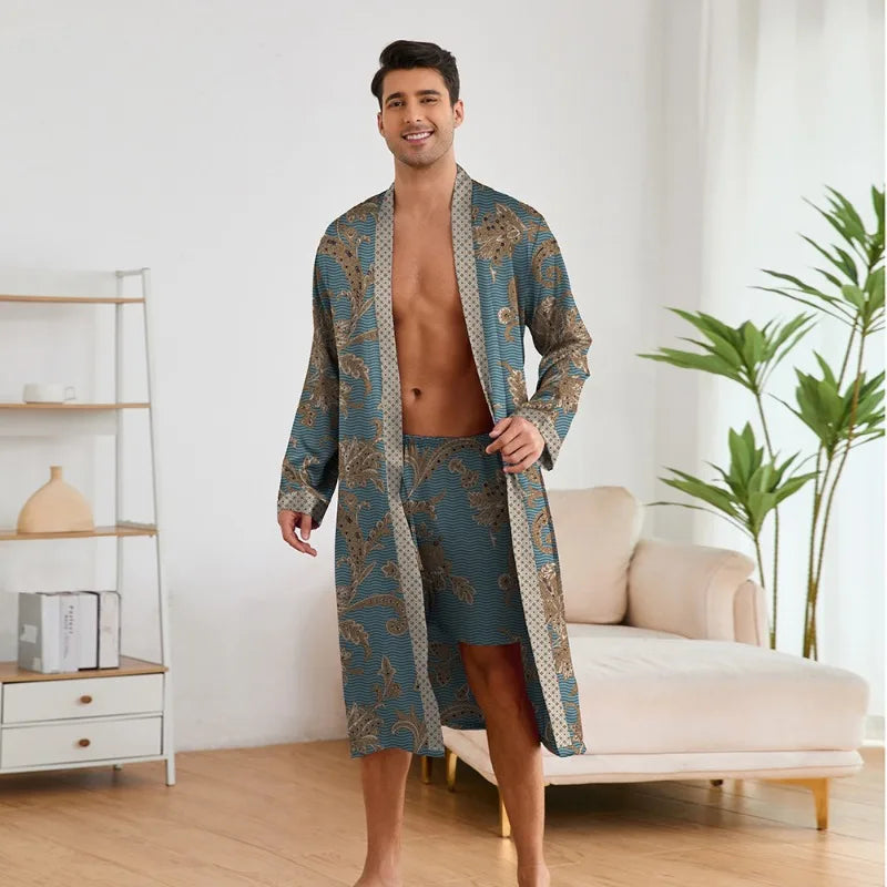 Fashion Design Pajamas Suit Men New Paisley Printed Nightgowns Long-sleeved Shorts Bathrobe Male Soft Ice silk Satin Nightwear