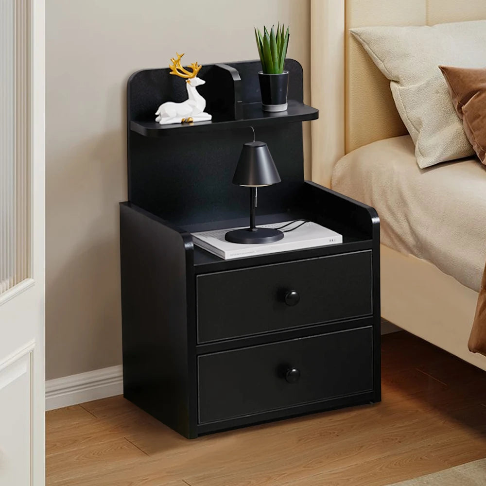 Haodirect Modern Black Double Drawer Nightstand with Shelves Wooden Bedroom Drawer Chest