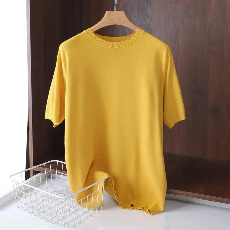Men's  Superfine Merino Wool T Shirt Knitted O-neck Breathable Thin Cashmer Short Sleeve Tee Solid Color Knitting  Jumpers Tops