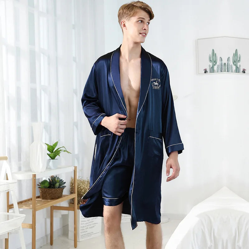Men Homewear Leisure Sleeprobes Satin Robe Summer Spring Nightwear Male Casual Kimono Bathrobe Ice Silk Sleepwear Nightgown
