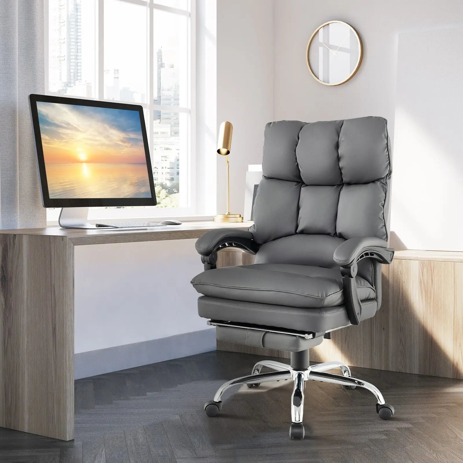 GOFLAME Office Desk Chair Ergonomic Padded Reclining Chair With Retractable Footrest