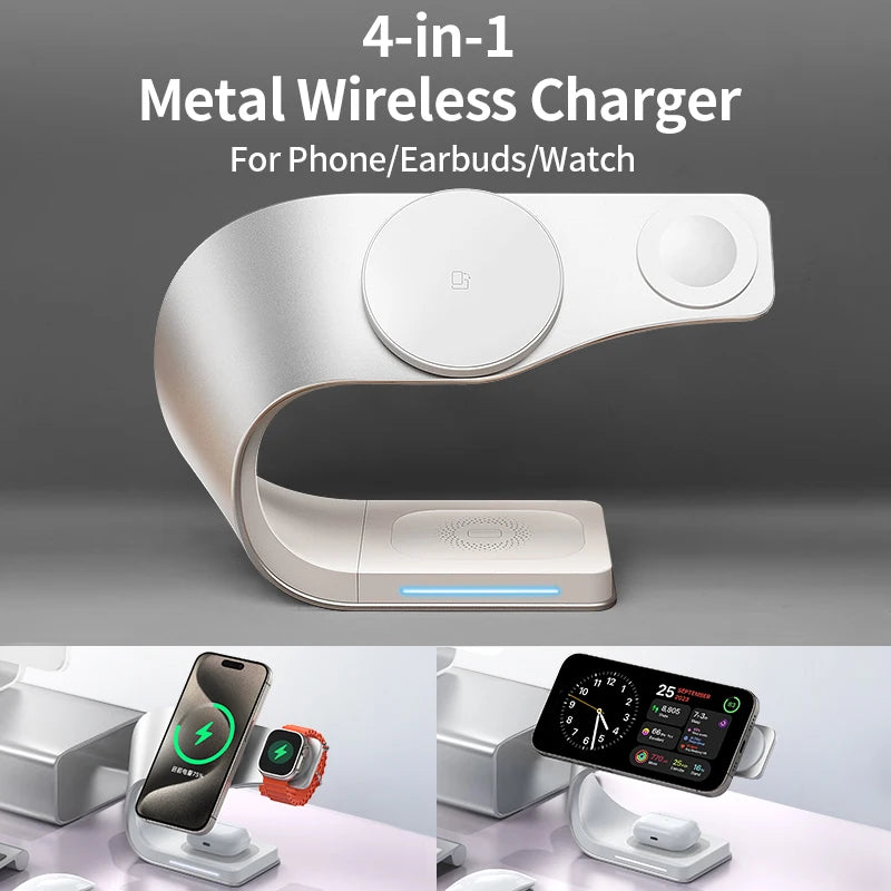 4 in 1 Wireless Charger Metal Shell  for iPhone 15 14 13 12 Magnetic Fast Charging Station Stand Dock for Apple Airpods Watch