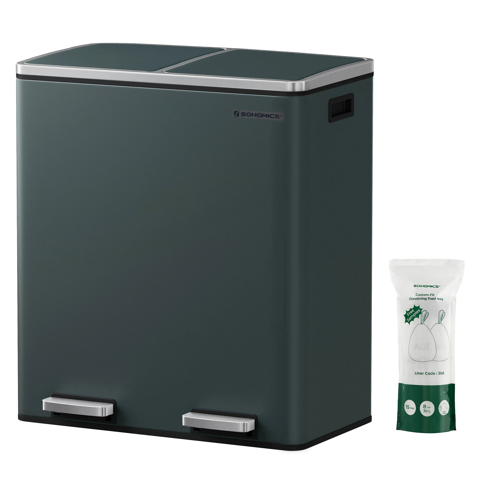 SONGMICS Double Compartment 2 x 30 L Rubbish Bin with 15 Bin Bags, Metal Foot Pedals, 2 Internal Plastic Buckets, Lids