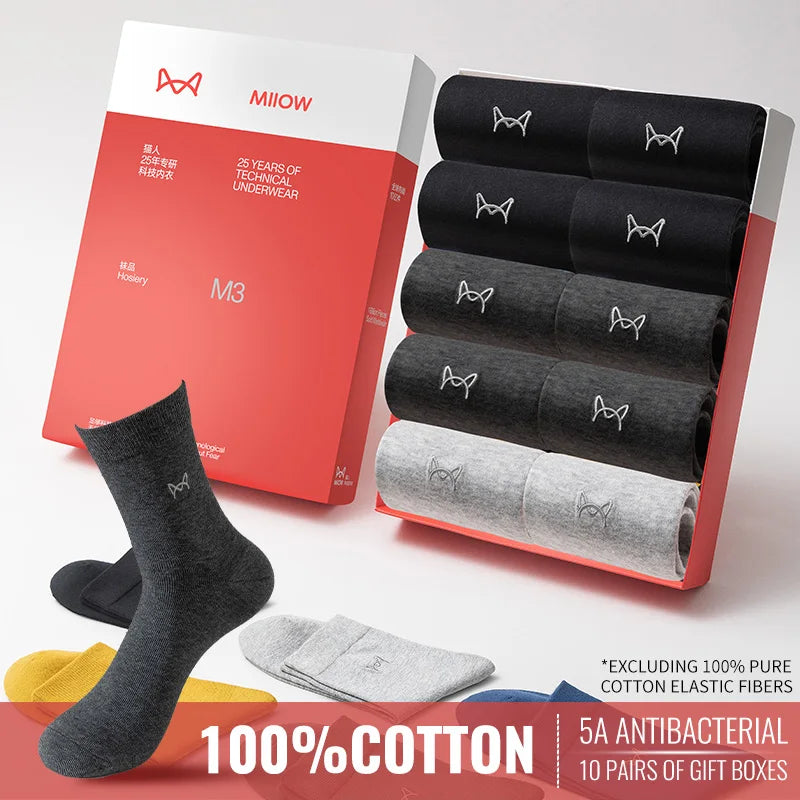 MiiOW 100% Pure Cotton Socks Men Business Dress Long Sock Antibacterial Anti Odor Crew Socks Solid Color Breathable Sport Sock
